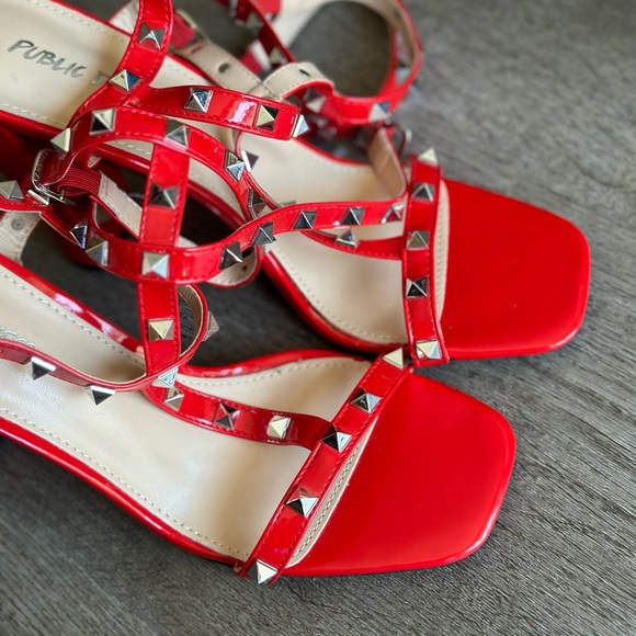 Public Desire Finally Red Patent Studded Block heels, women’s size 8 - Picture 7 of 13
